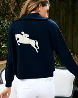 Cashmere Zip Jumper with Horse- Navy