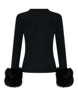 Wool Long Sleeve Top Fur Cuff - Black
