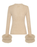 Wool Long Sleeve Top Fur Cuff - Biscuit